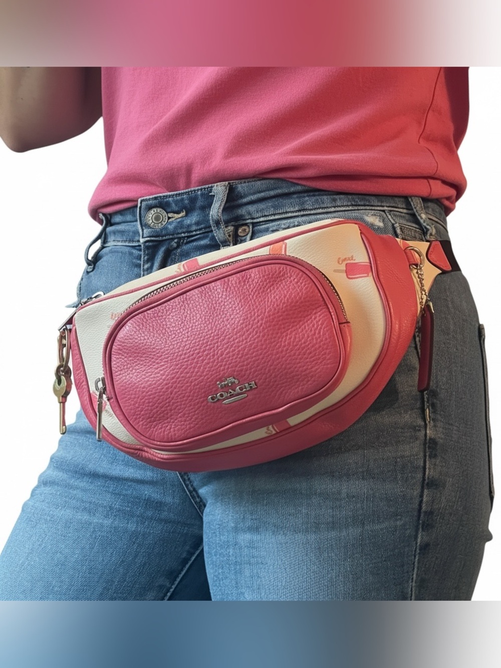 🌟Coach 💓Pink and Cream Authentic Leather Popsicle “Chalk Multi” MINT Belt Bag